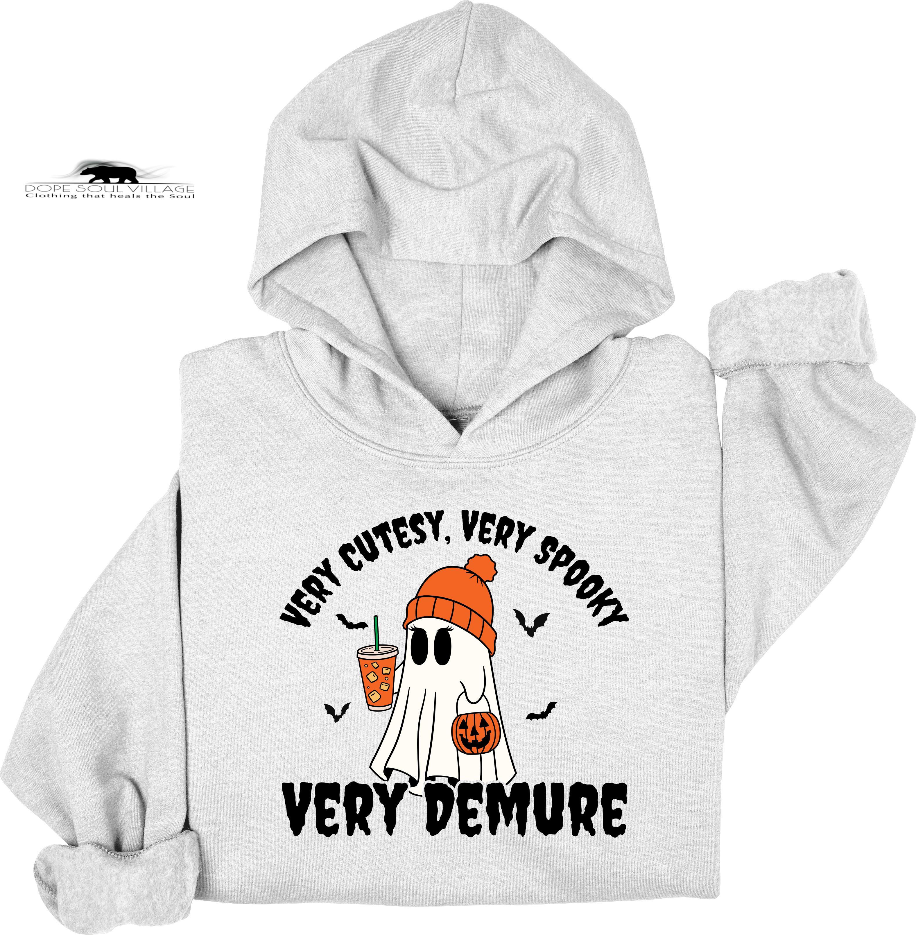 Gray hoodie with Halloween-themed design featuring a ghost and text on a white background dope soul village