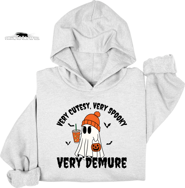 Gray hoodie with Halloween-themed design featuring a ghost and text on a white background dope soul village