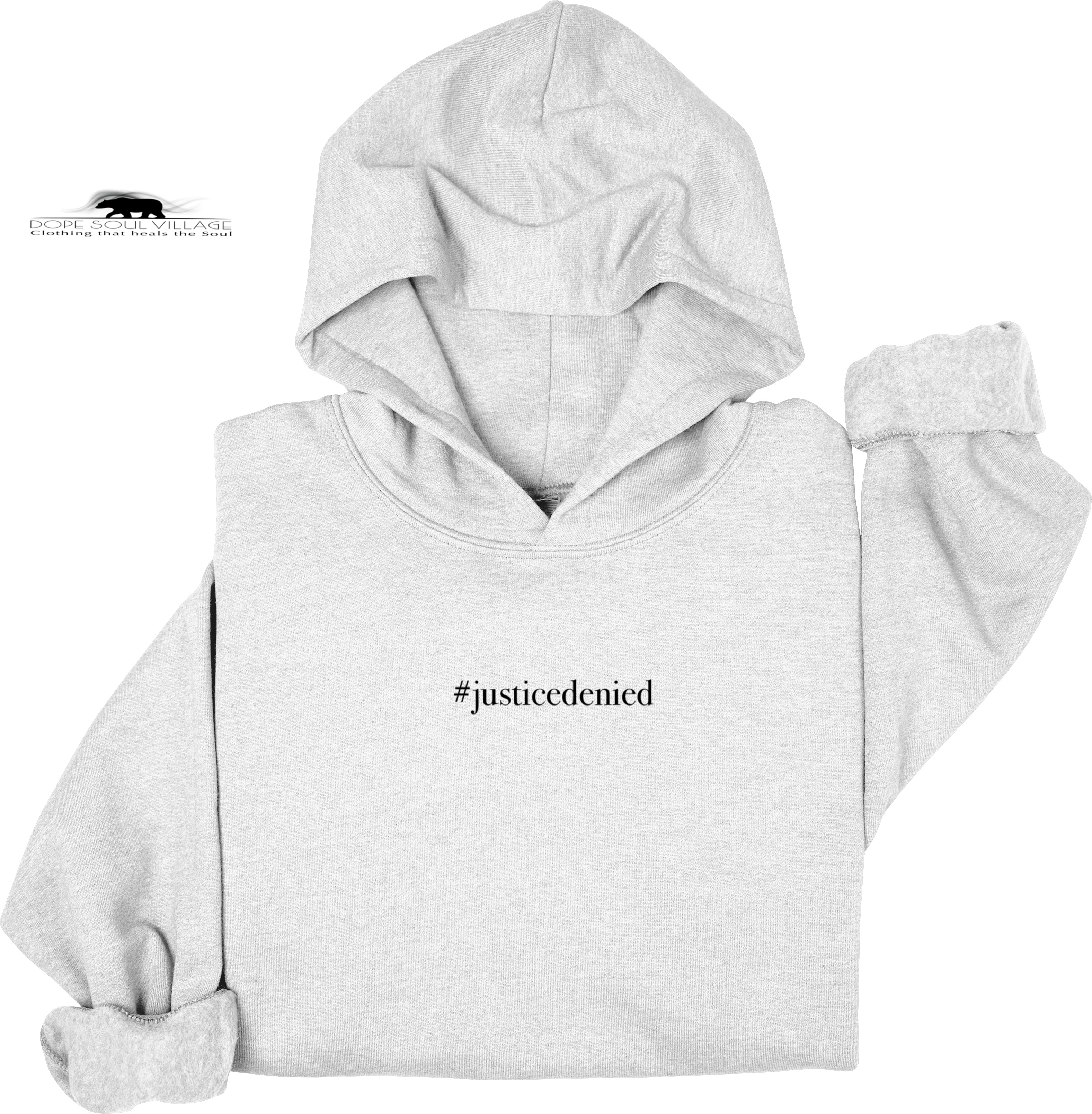 Gray hoodie with '#justice denied' text on a white background