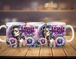 Three mugs with a design of a woman with flowers and text on a wooden surface.