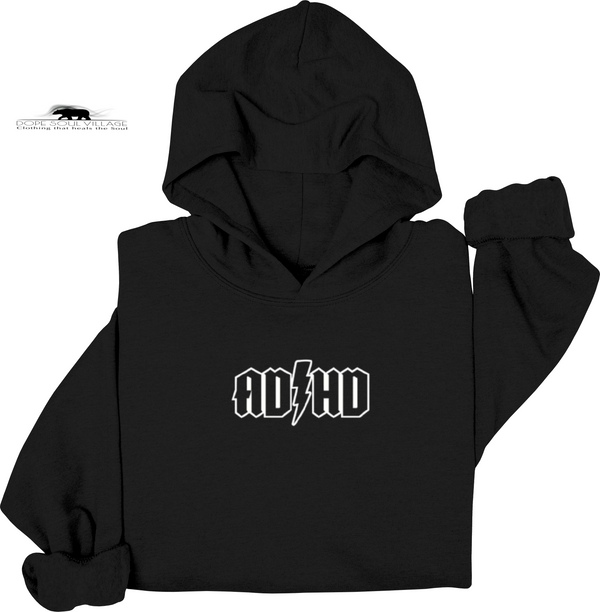 Black hoodie with 'ADHD' text on a white background