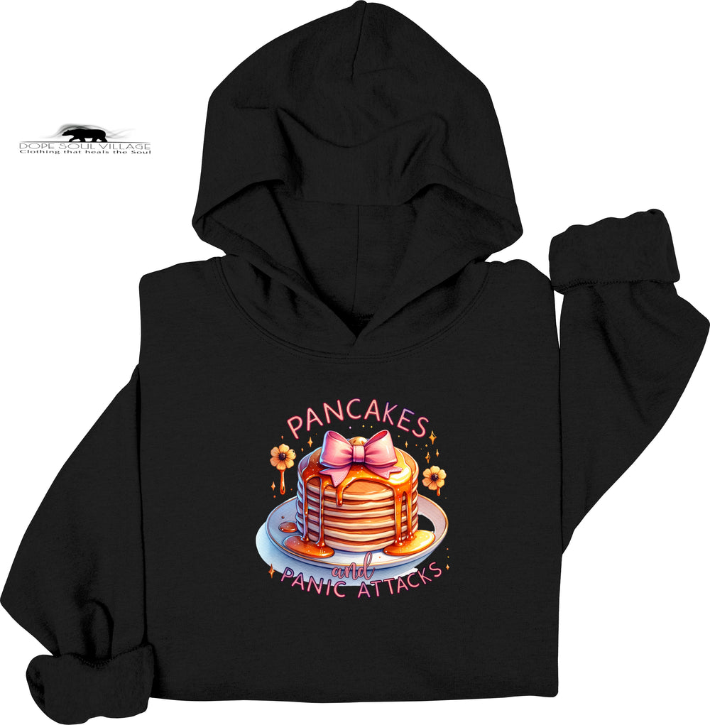 Black hoodie with a graphic of pancakes and text on a white background