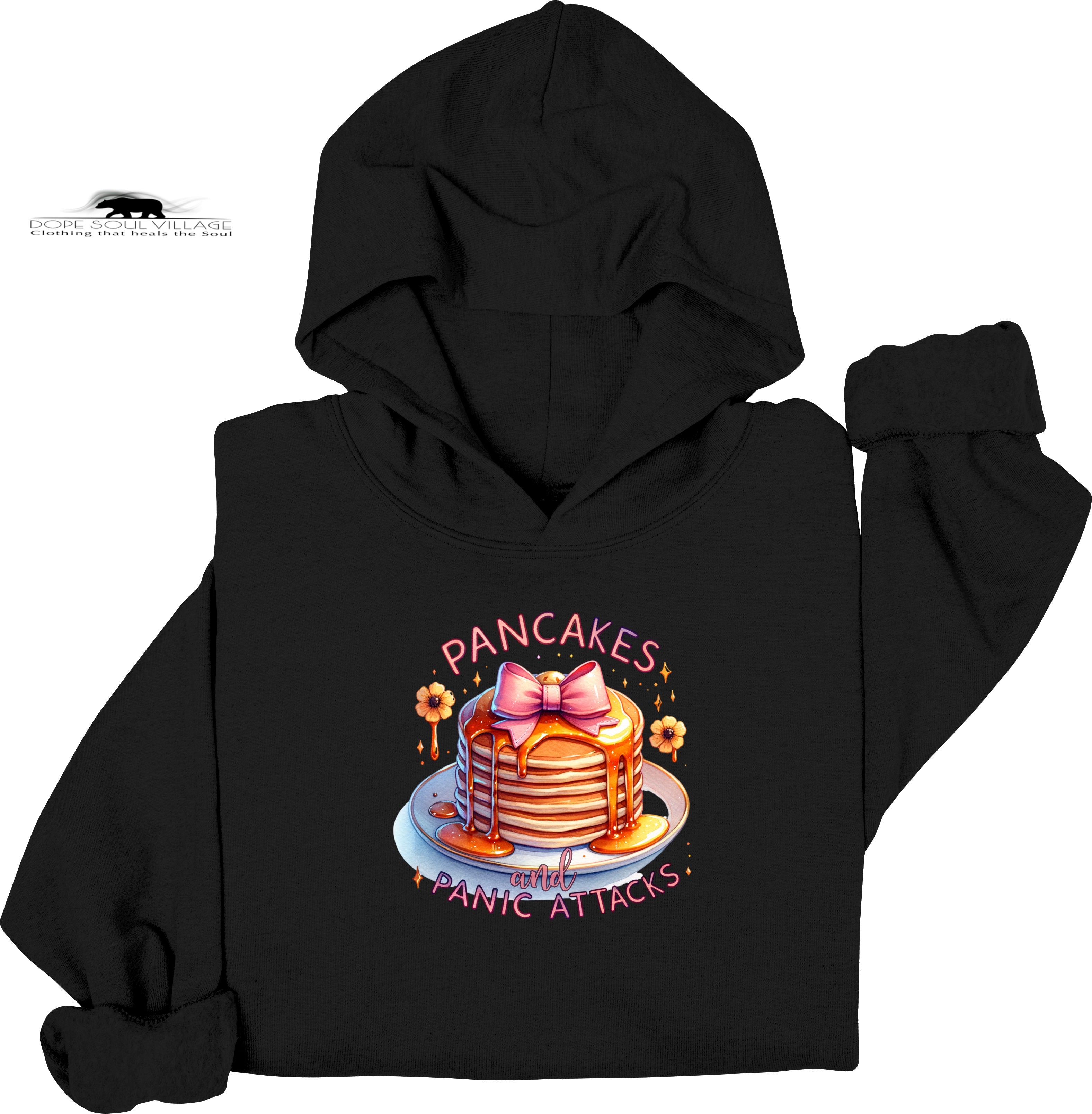 Black hoodie with a graphic of pancakes and text on a white background