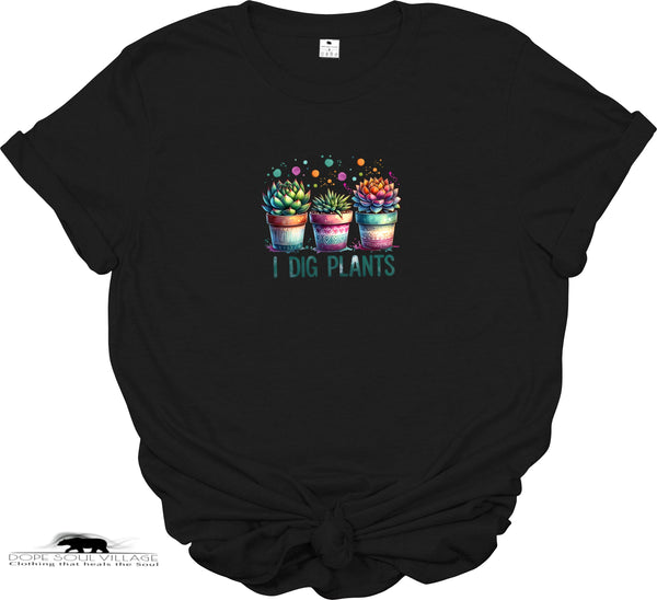 Black t-shirt with colorful succulent design and 'I Dig Plants' text on a white background