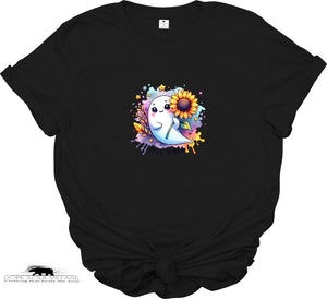 Black t-shirt with a colorful graphic of a ghost holding a sunflower on a white background.