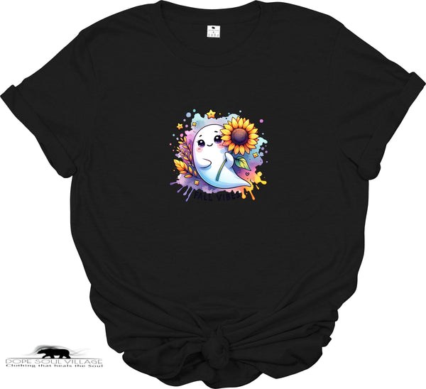 Black t-shirt with a colorful graphic of a ghost holding a sunflower on a white background.