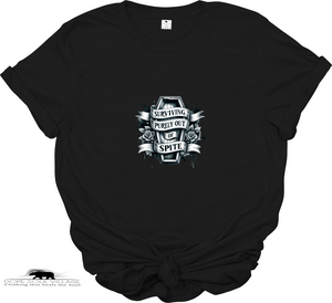 Black t-shirt with a graphic design and text on a white background