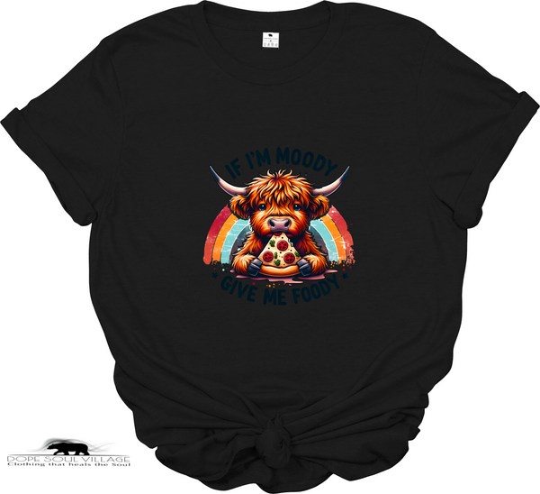 “If I’m Moody, Give Me Foody” t-shirt. Highland cow graphic, sustainable materials. Fun, cheeky tee perfect for animal lovers and ethical fashion fans.