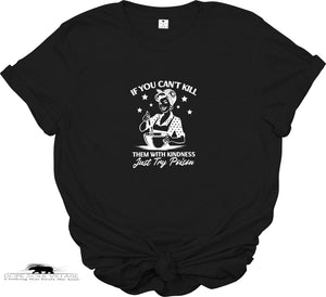 Black t-shirt with white graphic and text on a white background