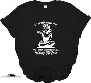 Black t-shirt with white graphic and text on a white background