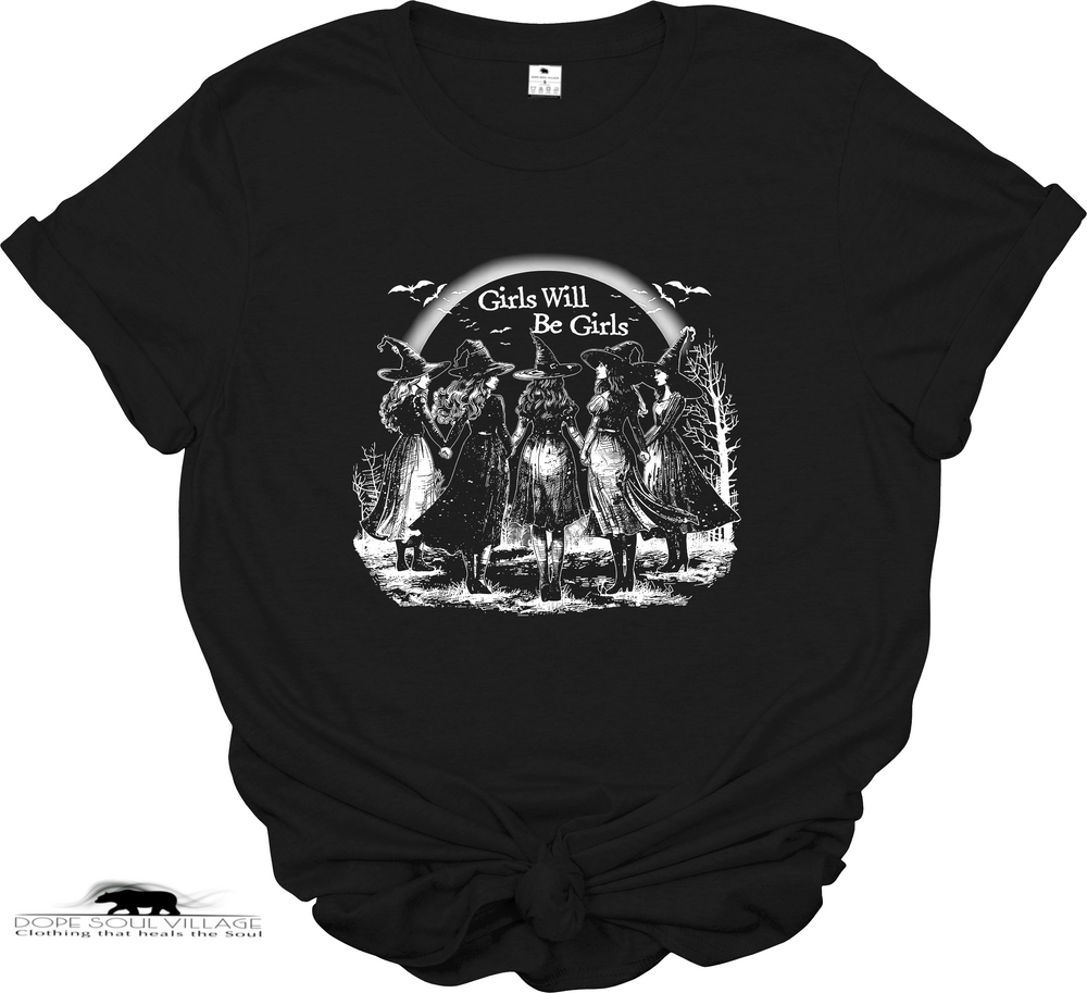 Black t-shirt with graphic design of women in hats and 'Girls Will Be Girls' text on a white background