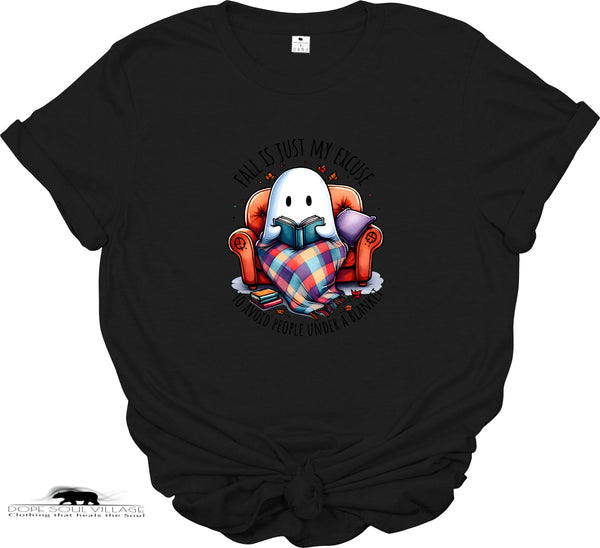 Black t-shirt with a ghost reading a book graphic and text on a white background