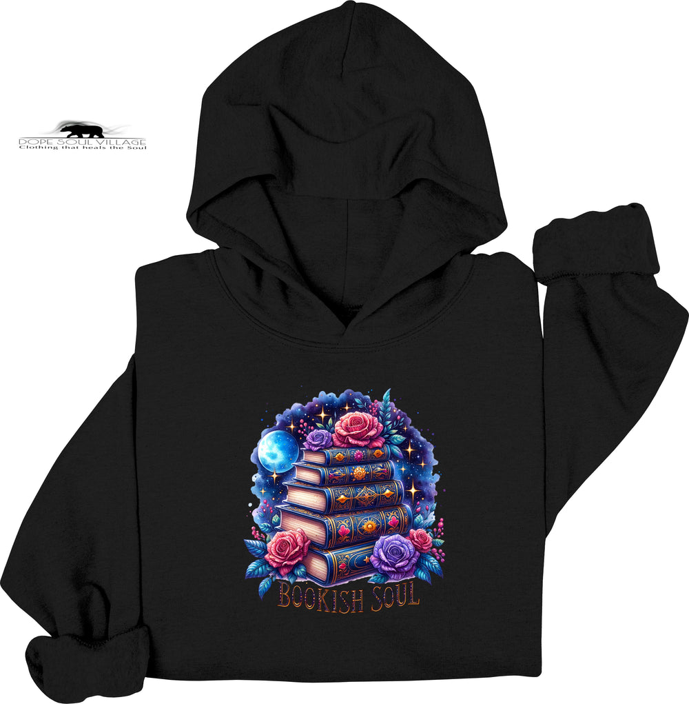 Black hoodie with a colorful 'Bookish Soul' design on a white background