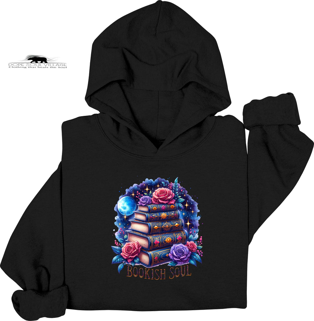 Black hoodie with a colorful 'Bookish Soul' design on a white background