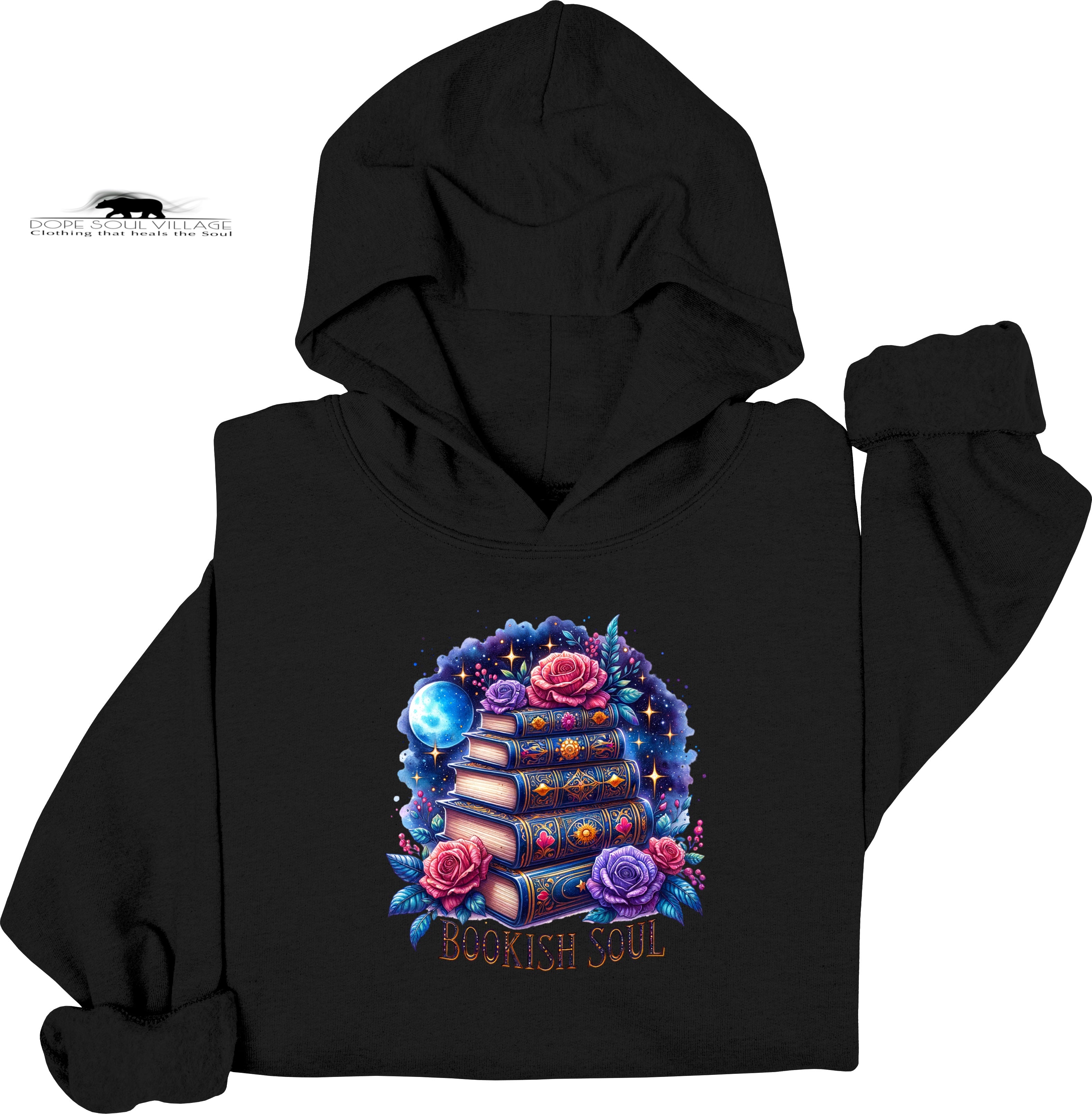 Black hoodie with a colorful 'Bookish Soul' design on a white background