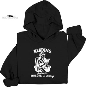 Black hoodie with graphic design and text on a white background