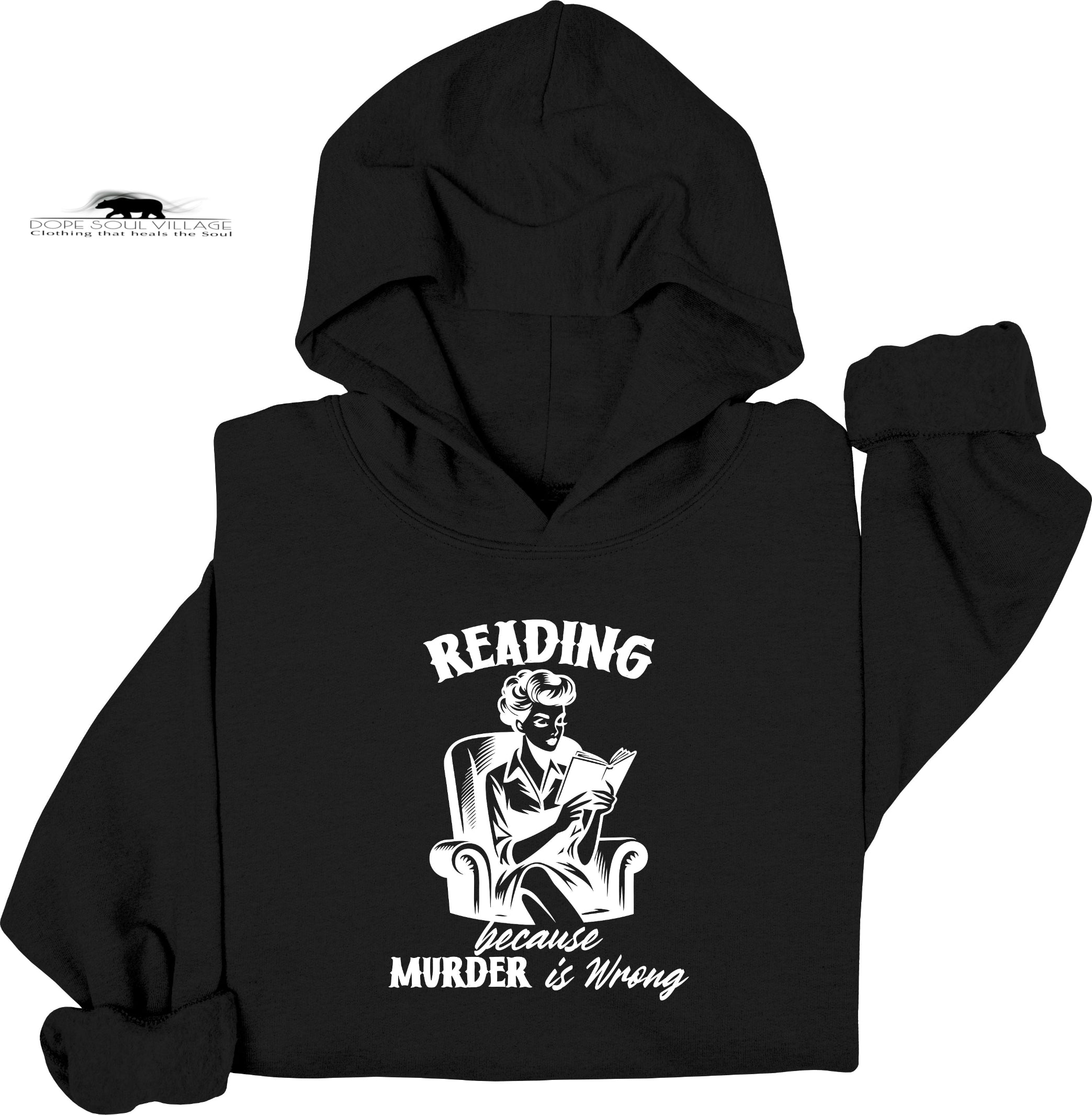 Black hoodie with graphic design and text on a white background