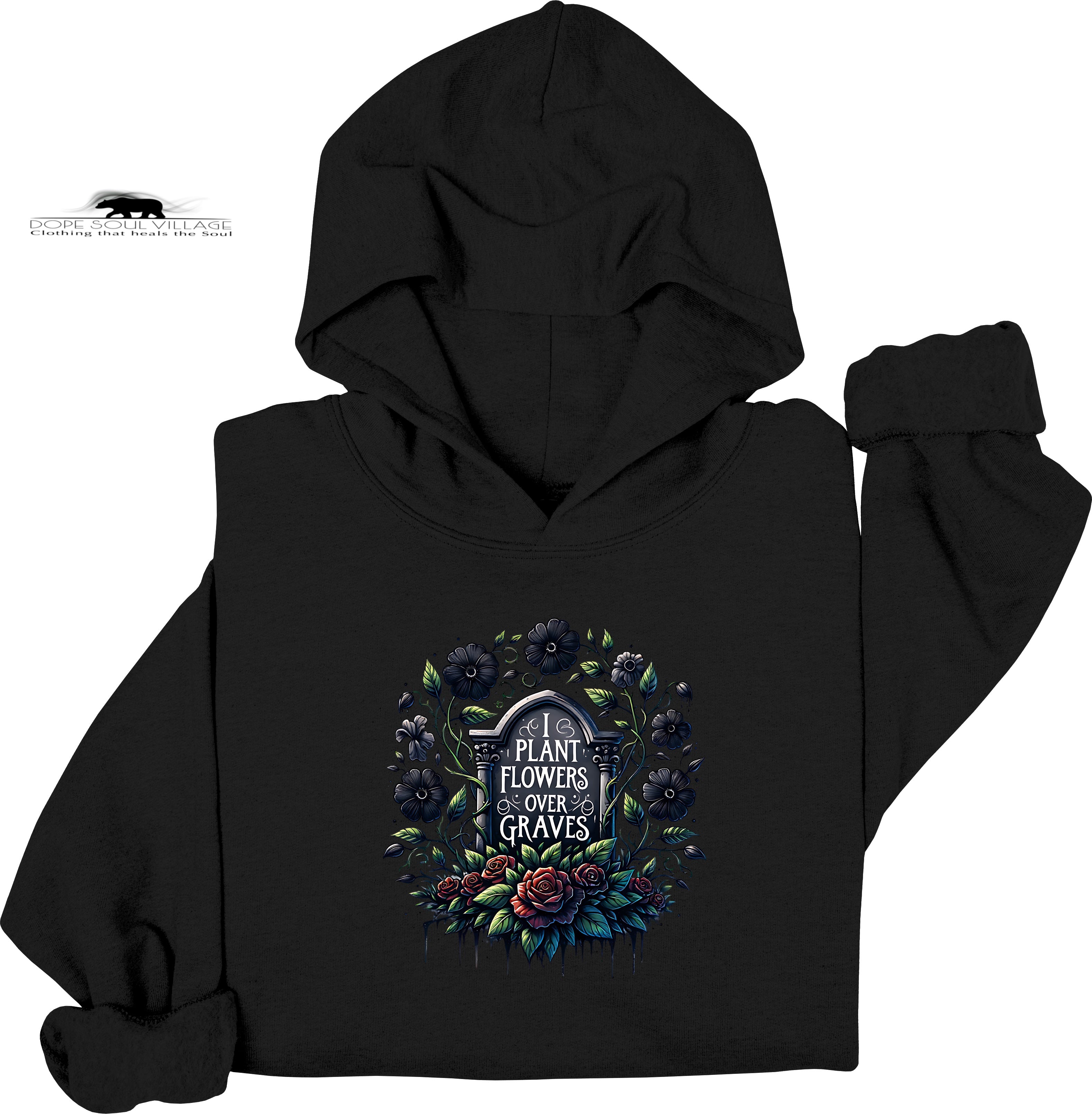 Black hoodie with floral design and text on a white background