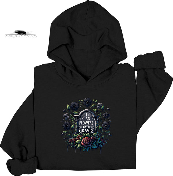 Black hoodie with floral design and text on a white background