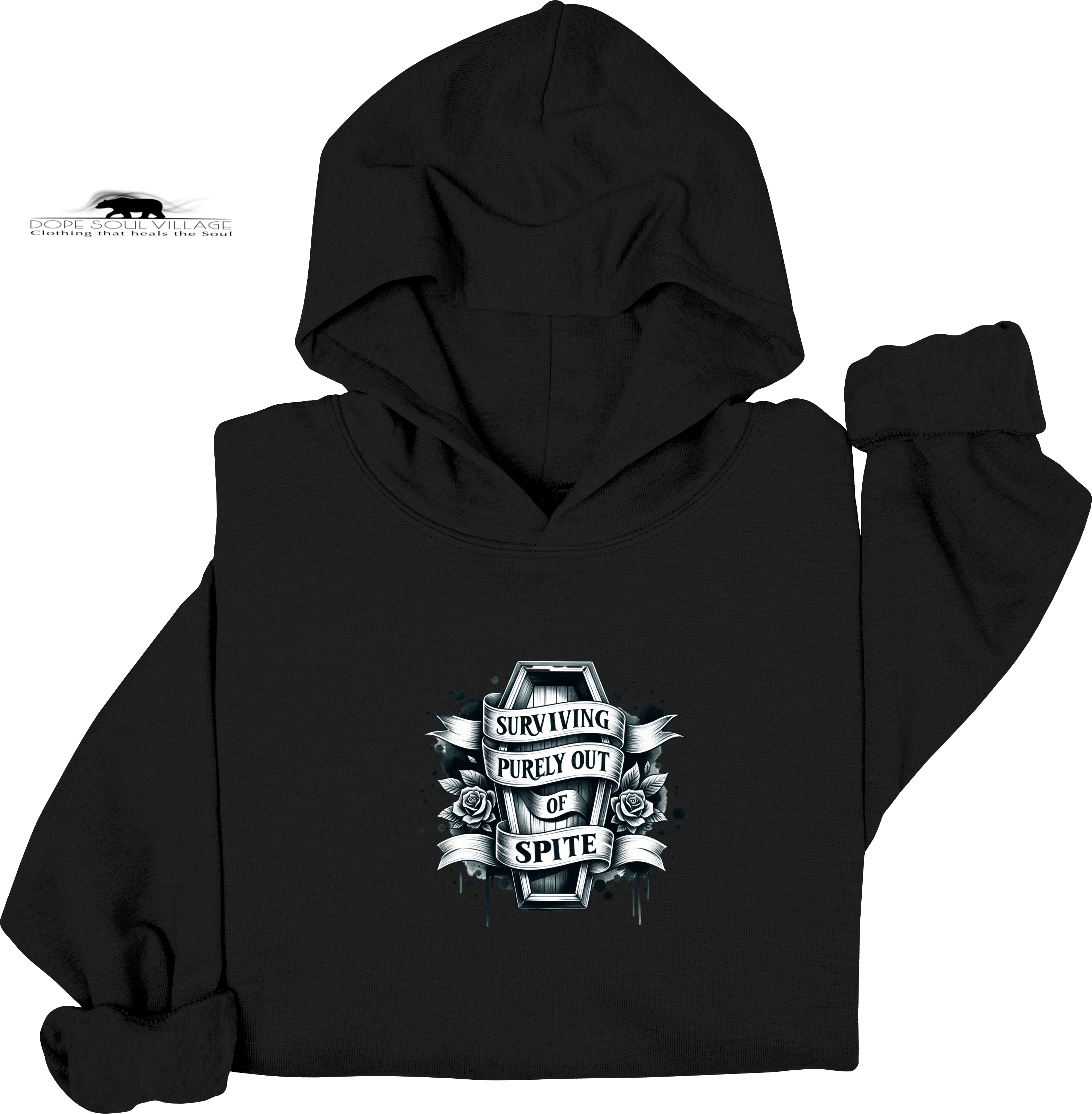 Black hoodie with graphic design and text on a white background