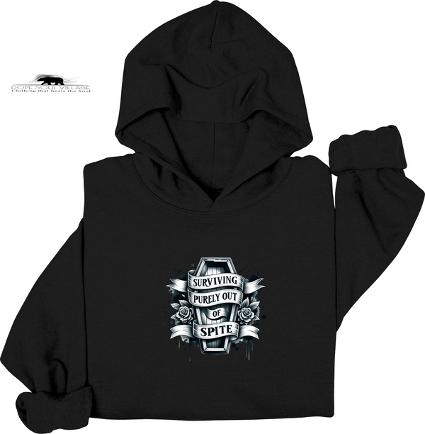 Black hoodie with graphic design and text on a white background