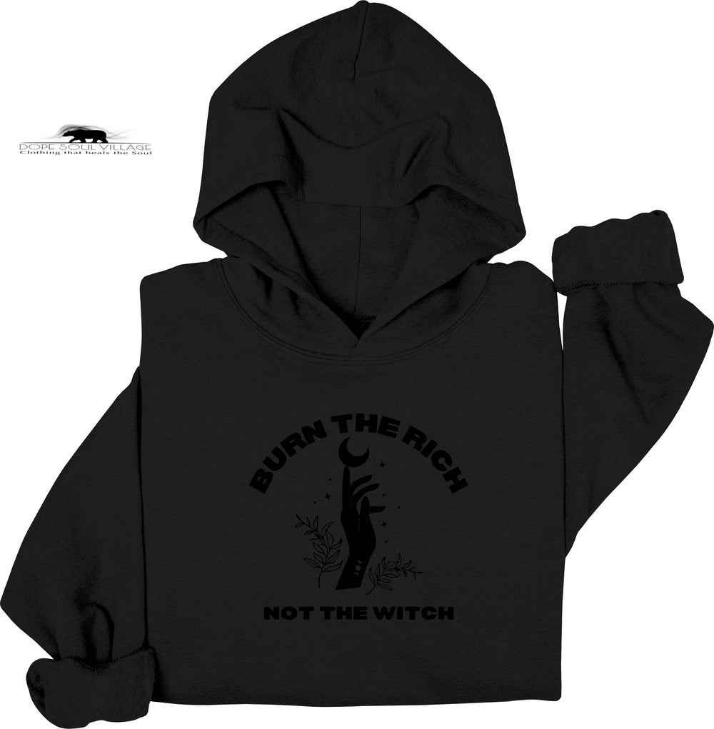 Black hoodie with graphic design and text on a white background