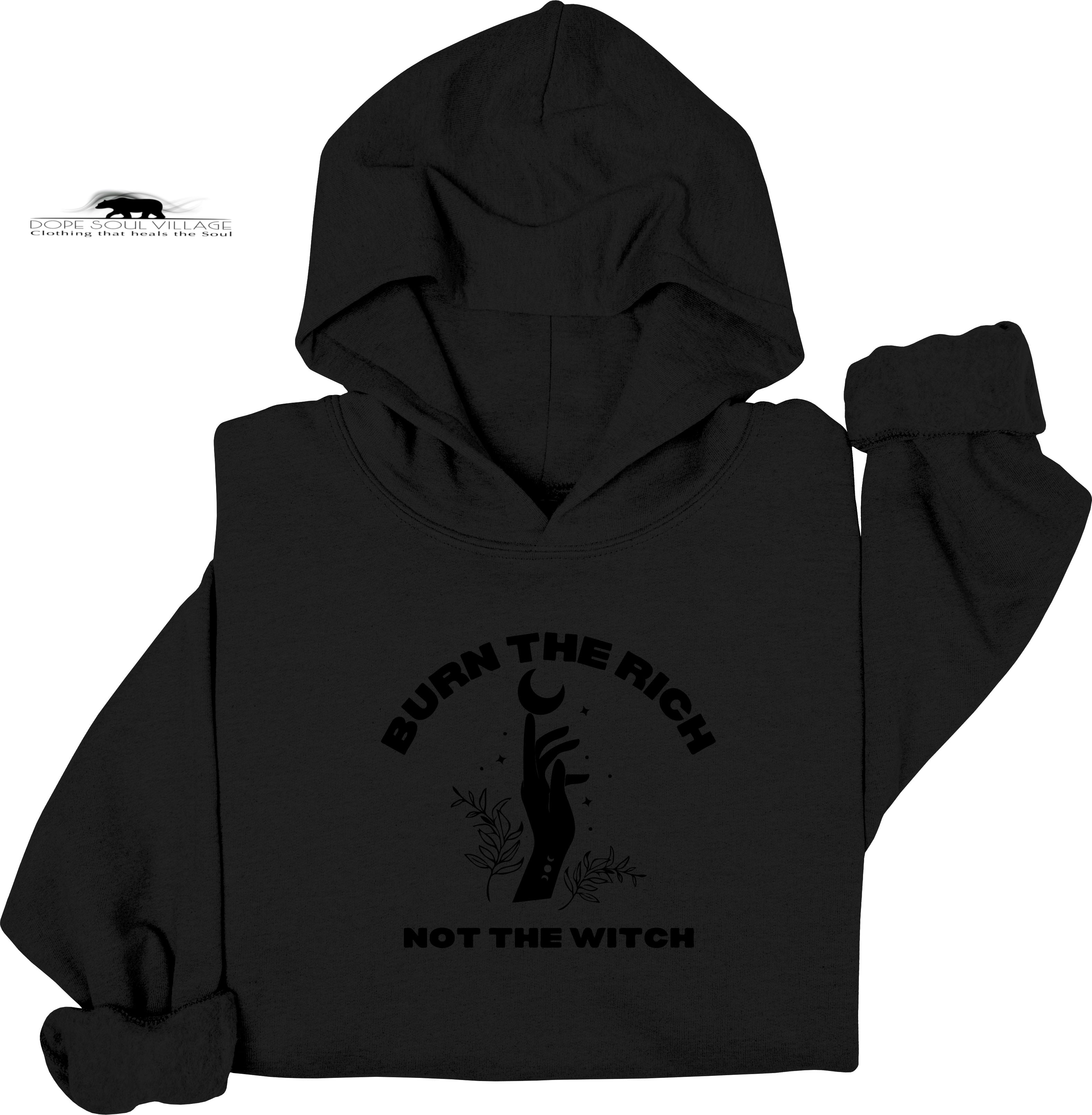 Black hoodie with graphic design and text on a white background