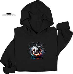 Black hoodie with a disco ball pumpkin design on a white background. Black on black collection Dope Soul Village
