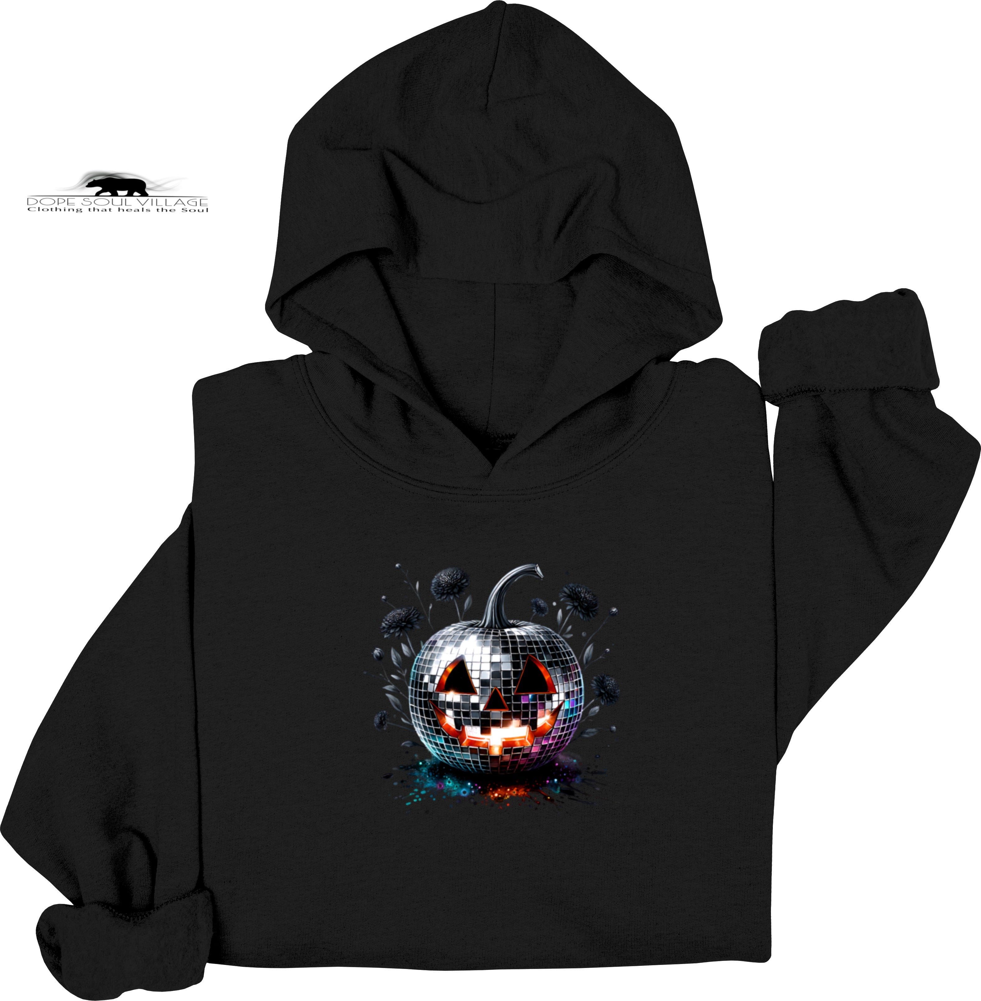 Black hoodie with a disco ball pumpkin design on a white background. Black on black collection Dope Soul Village