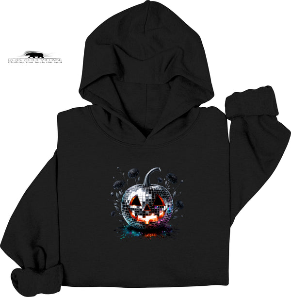 Black hoodie with a disco ball pumpkin design on a white background. Black on black collection Dope Soul Village