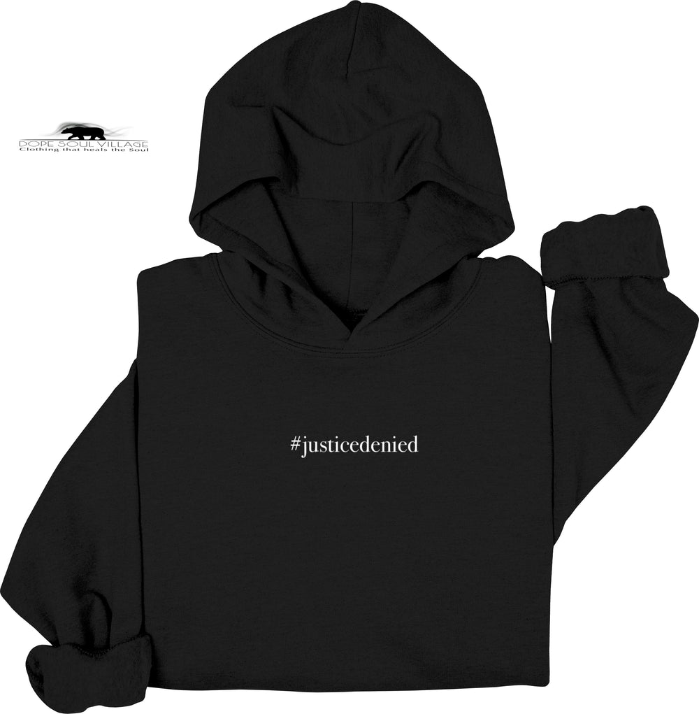Black hoodie with '#justice denied' text on a white background