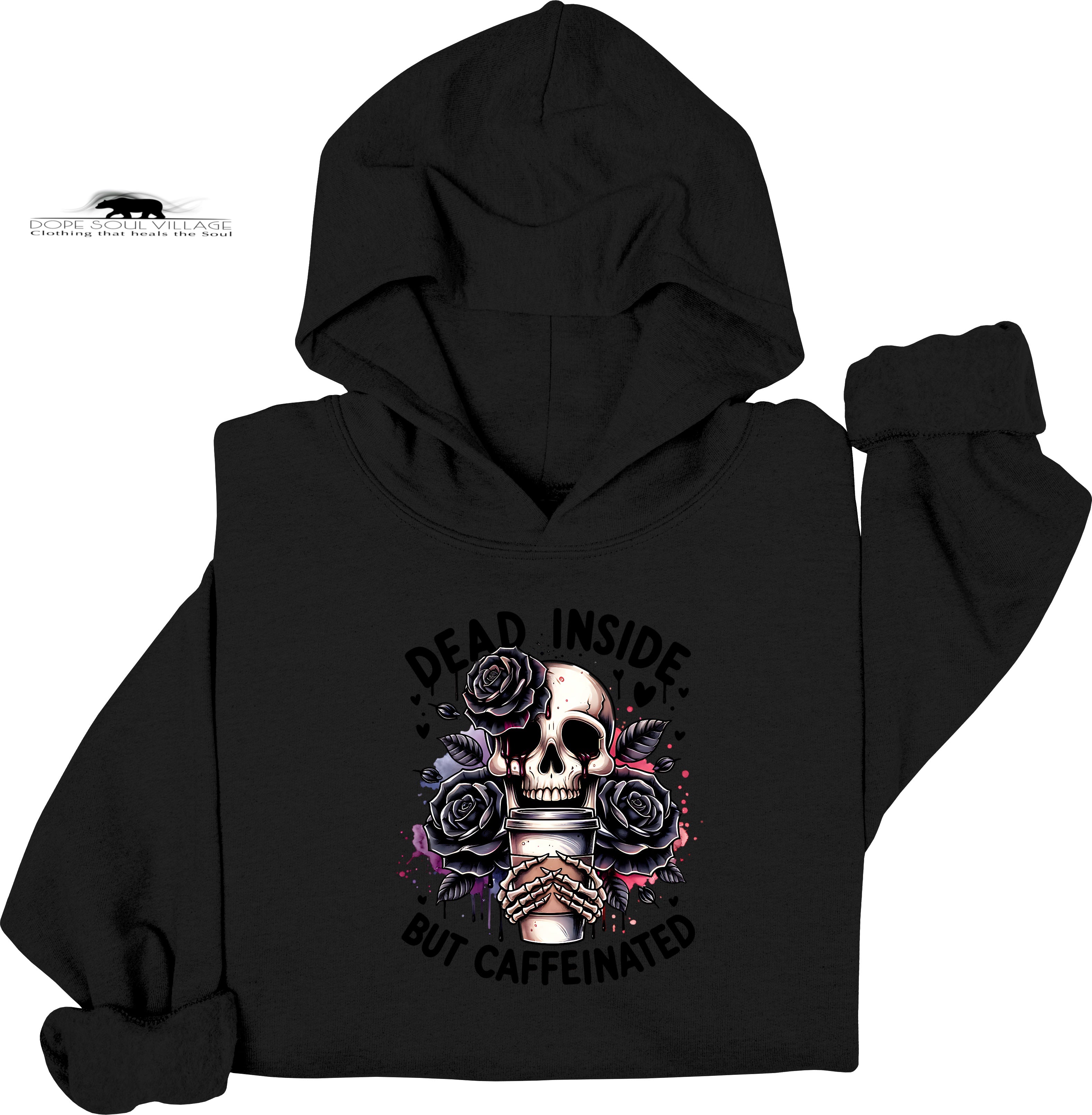 Black hoodie with skull and roses design on a white background