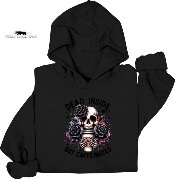 Black hoodie with skull and roses design on a white background