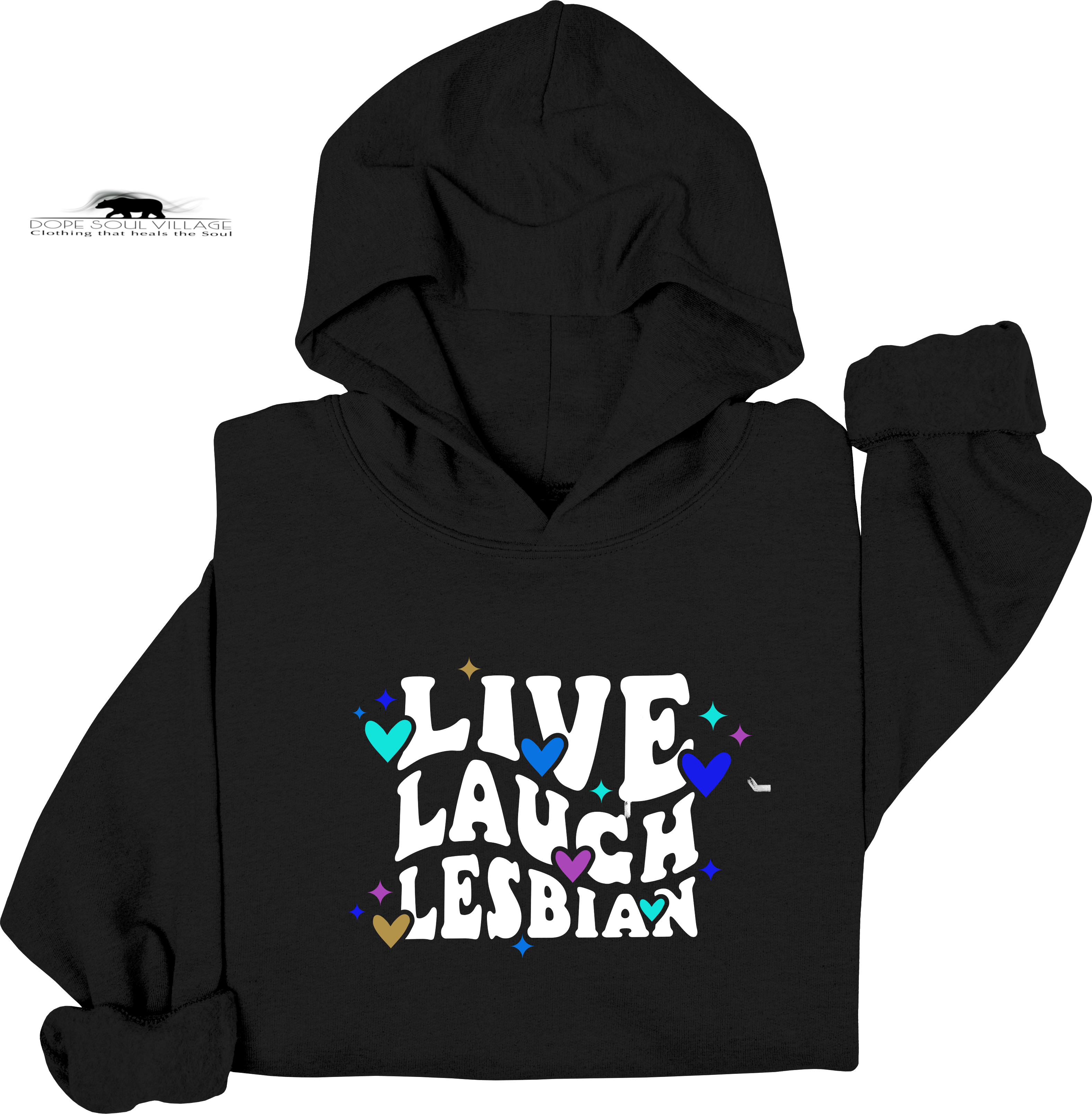 Black hoodie with 'Live Laugh Lesbian' text and colorful accents on a white background