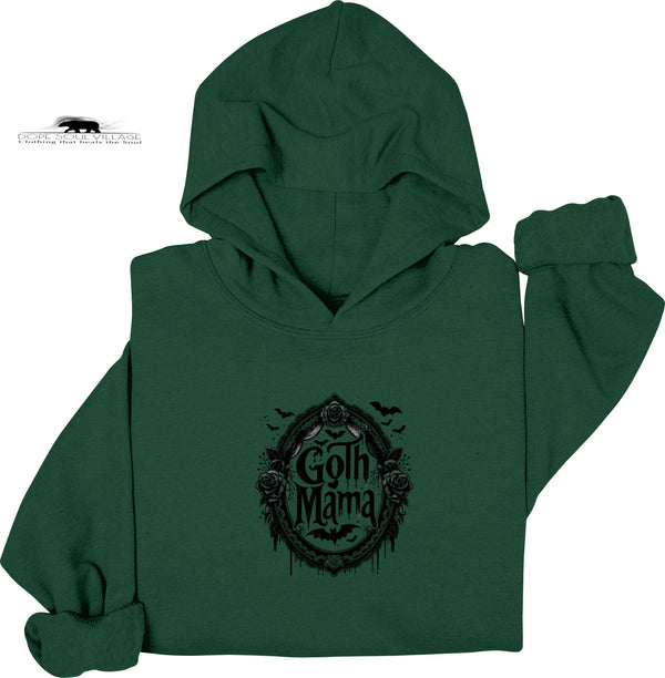 Green hoodie with 'Goth Mama' design on a white background