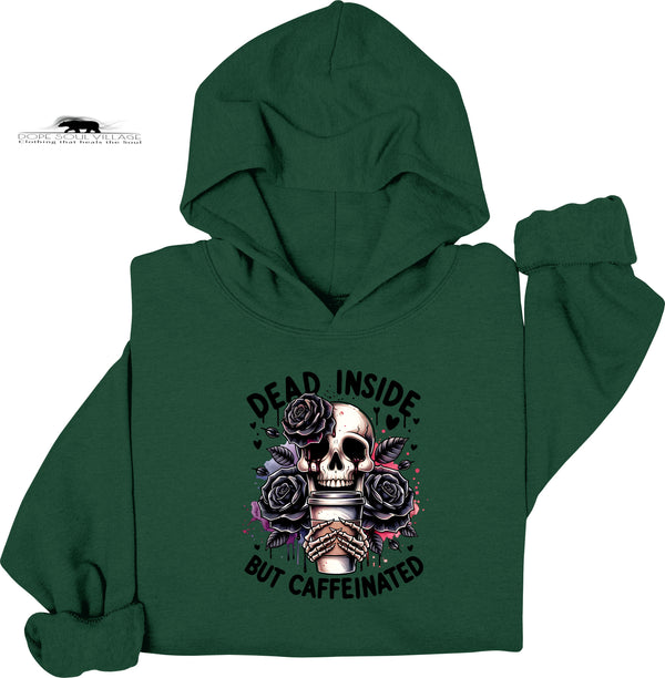 Green hoodie with skull and roses design on a white background