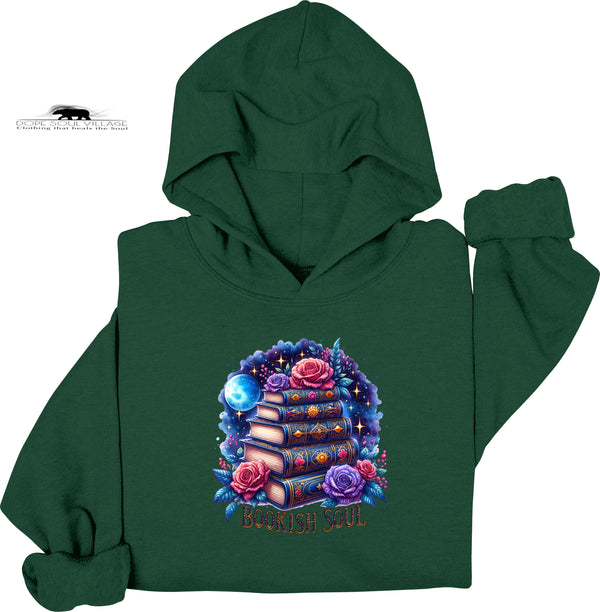 Green hoodie with a colorful graphic design on a white background