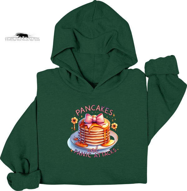 Green hoodie with a graphic of pancakes and text on a white background