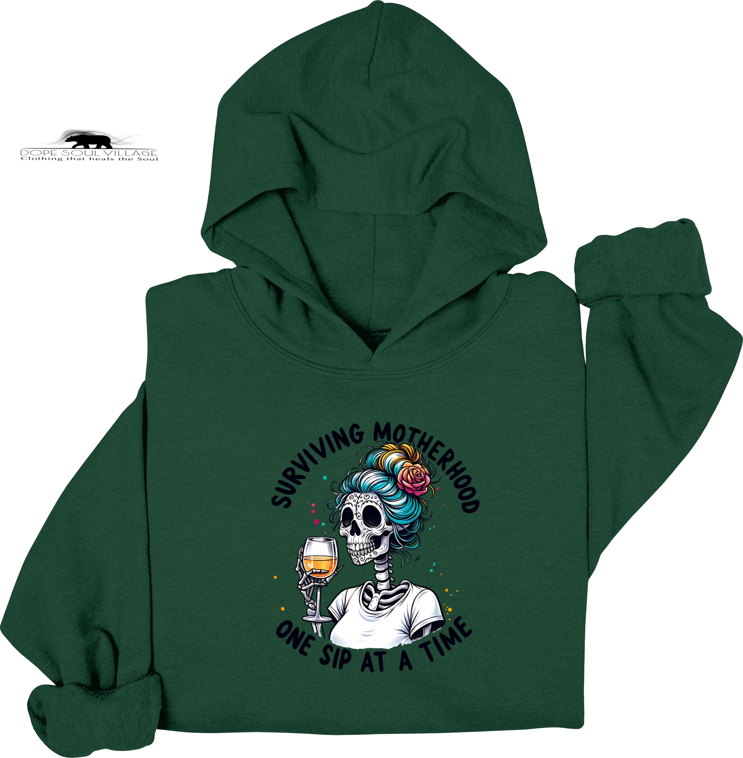 Green hoodie with a skeleton design and text on a white background