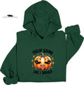 Green hoodie with a pumpkin graphic and text on a white background