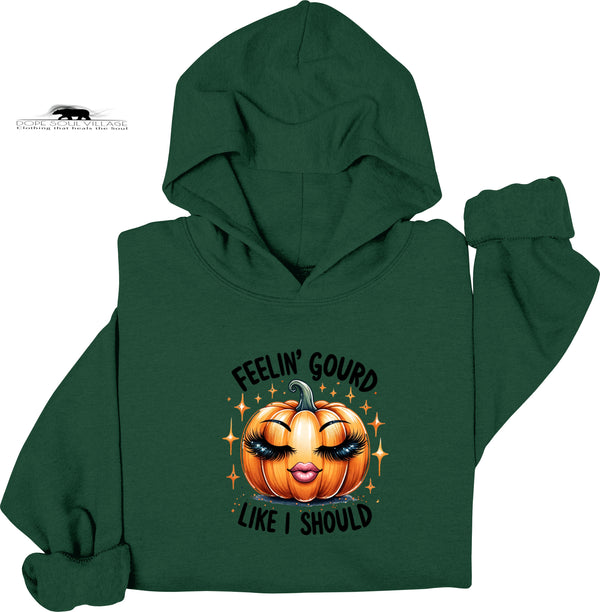 Green hoodie with a pumpkin graphic and text on a white background