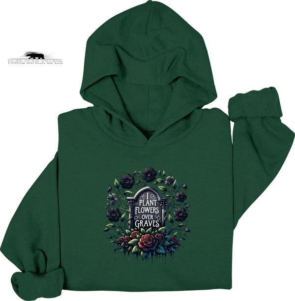 Green hoodie with floral design and text on a white background
