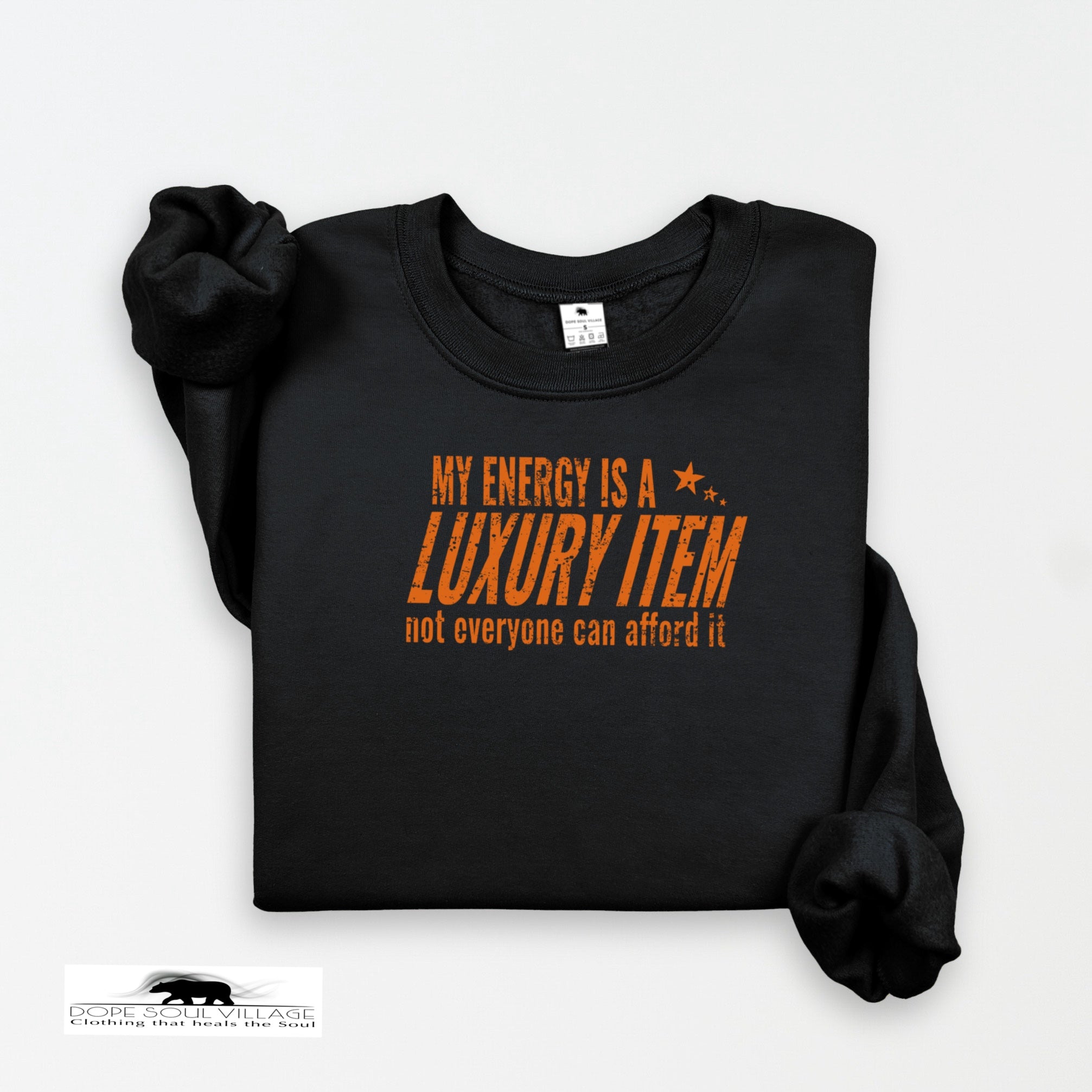 Black sweatshirt with orange text on a white background