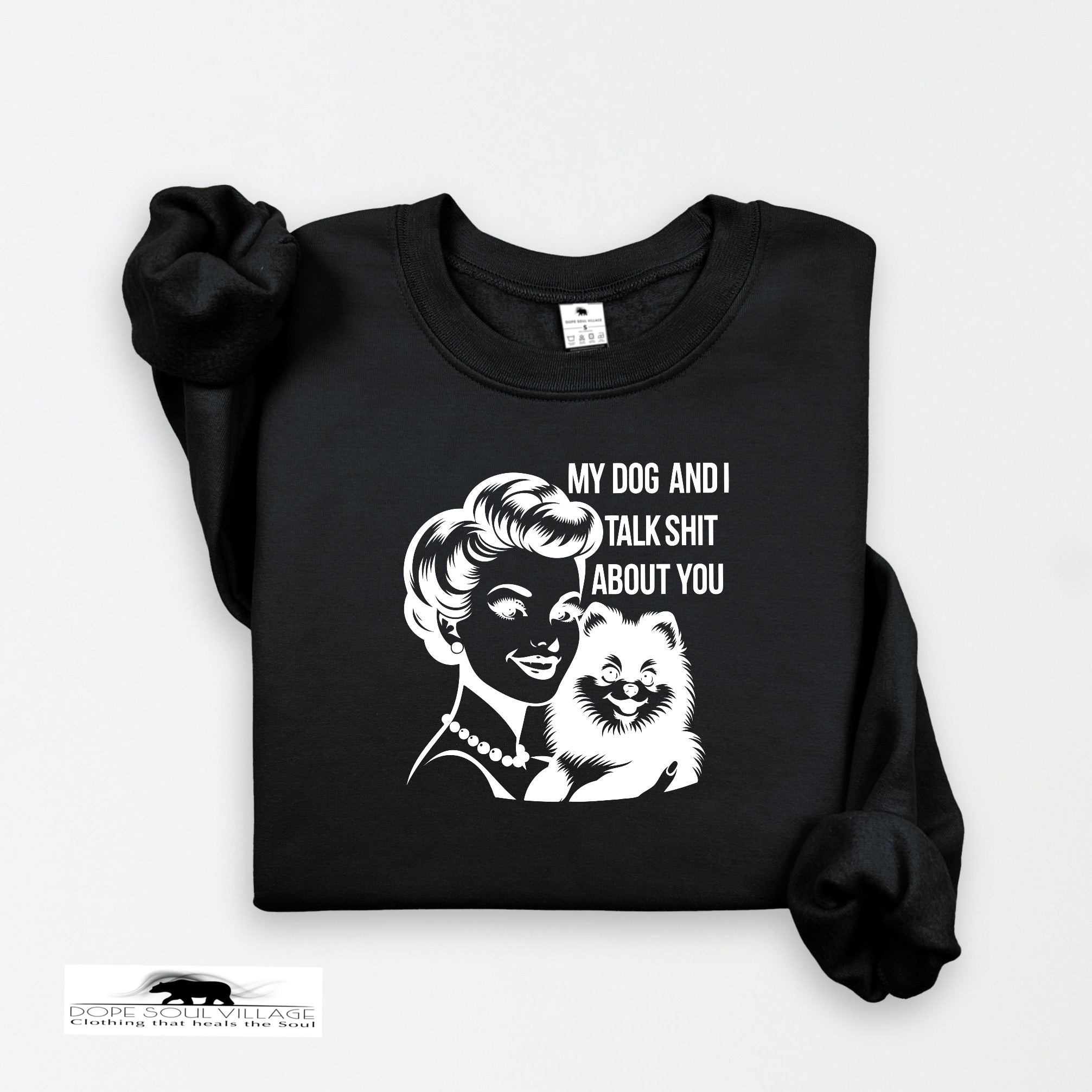 Black sweatshirt with graphic design and text on a white background