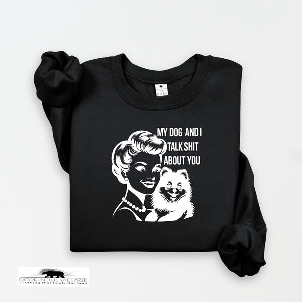 Black sweatshirt with graphic design and text on a white background