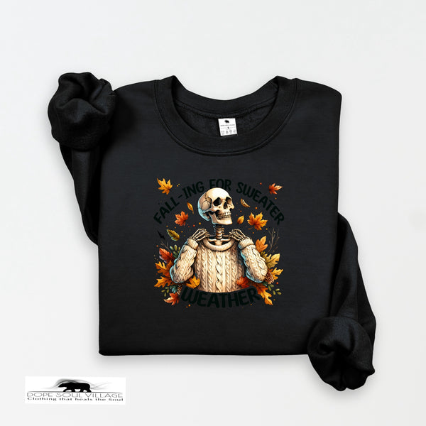 Black sweatshirt with a skeleton and autumn leaves design on a white background