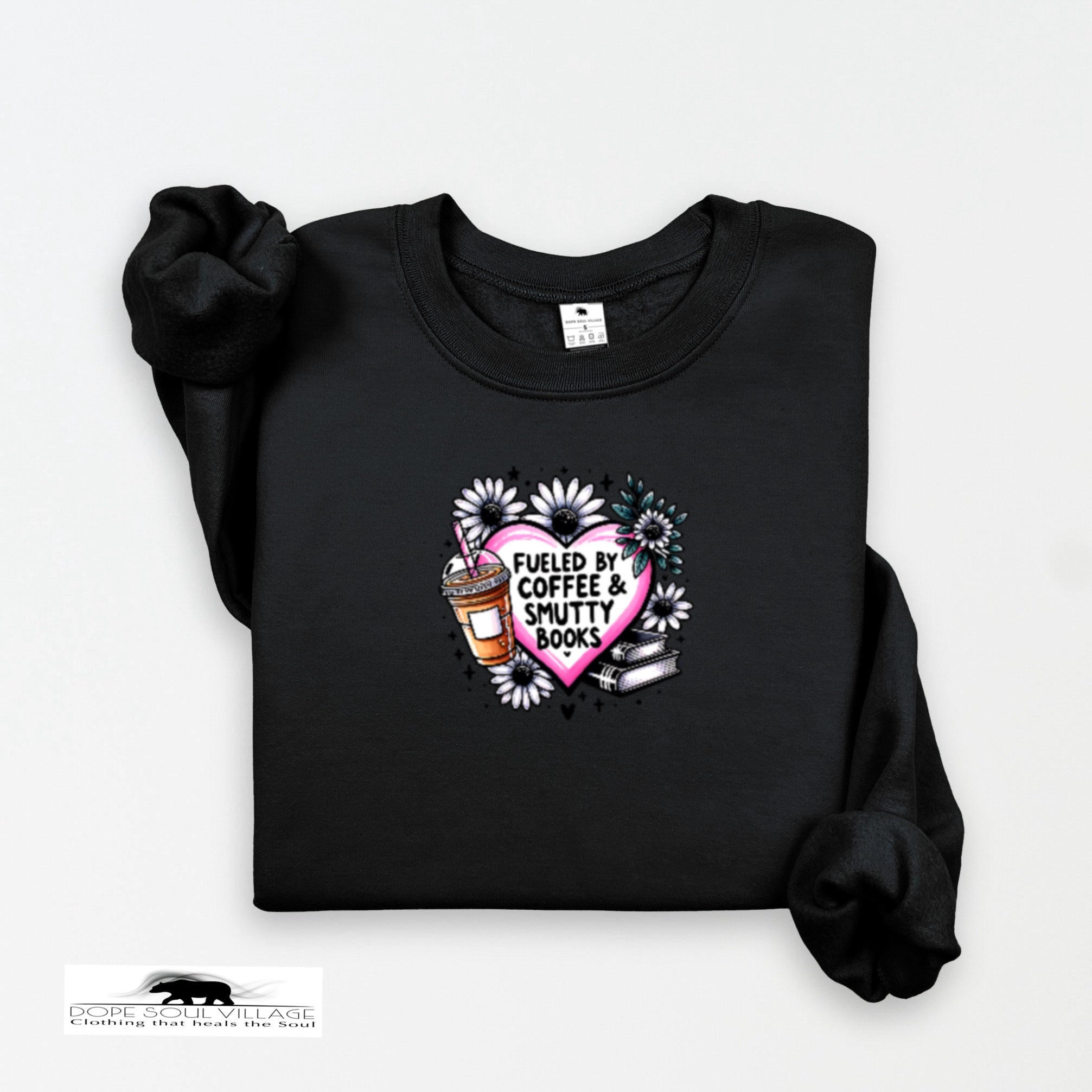 Black sweatshirt with a heart design featuring coffee and books on a white background