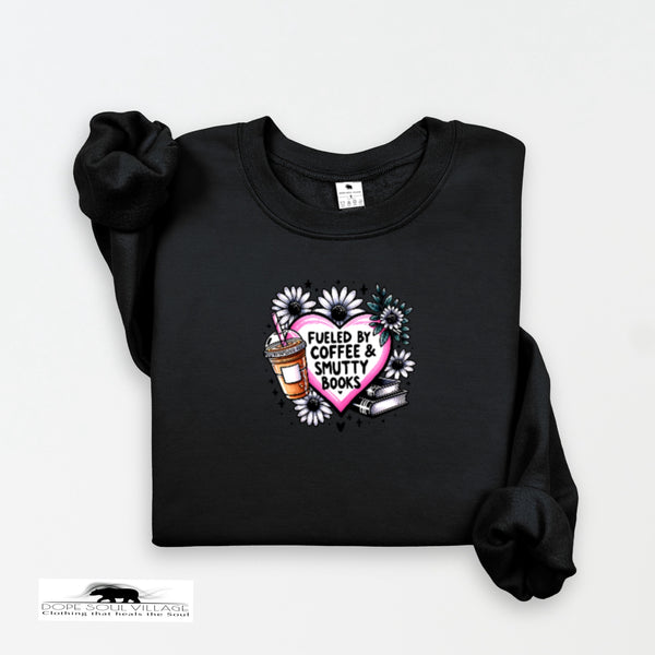 Black sweatshirt with a heart design featuring coffee and books on a white background
