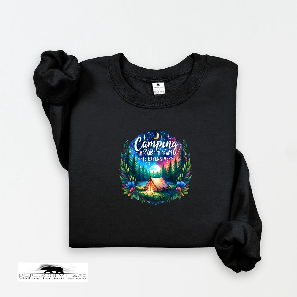 Black sweatshirt with a colorful graphic and text on a white background