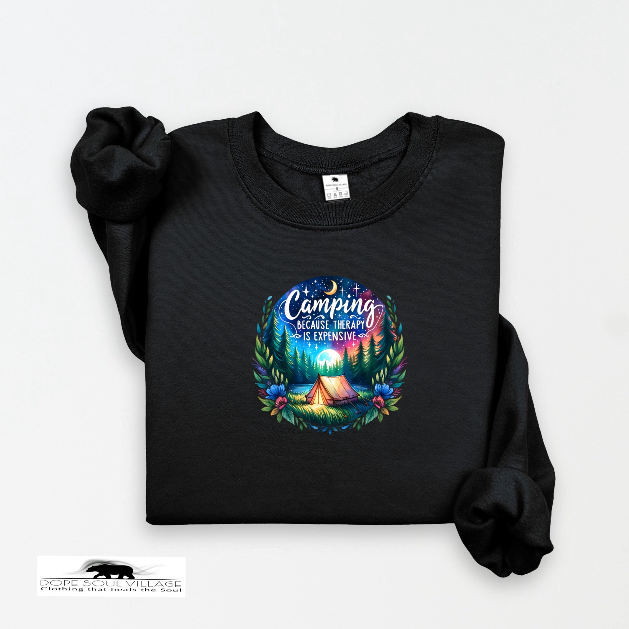 Black sweatshirt with a colorful graphic and text on a white background